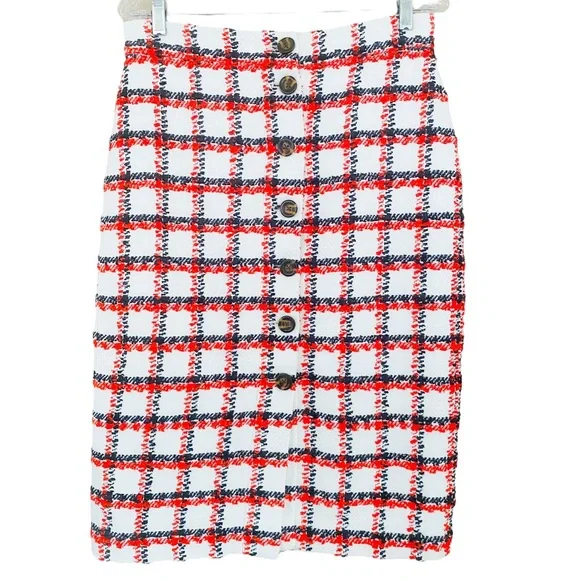 Ann Taylor Red & Black Plaid Tweed Button Down Front Knee Length Skirt Size 6 - Picture 2 of 8